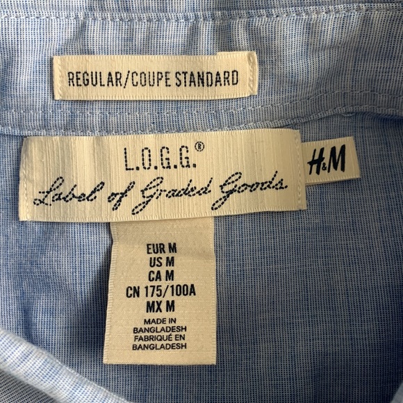 H&M Label Of Graded Goods LOGG Mens Size M Short Sleeve Blue Button Up Shirt - Picture 5 of 6